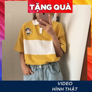 Áo thun nữ POLO tay lỡ có cổ phông form rộng freesize unisex mặc đi học, cặp, nhóm, lớp PHỐI TRẮNG