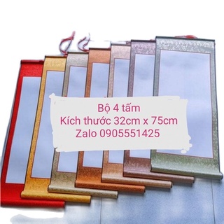 Bộ 4 tấm biểu lụa viết thư pháp. Giấy viết thư pháp. Mành tre thư pháp.Biểu bồi lụa trang trí tết. Biểu lụa thư pháp