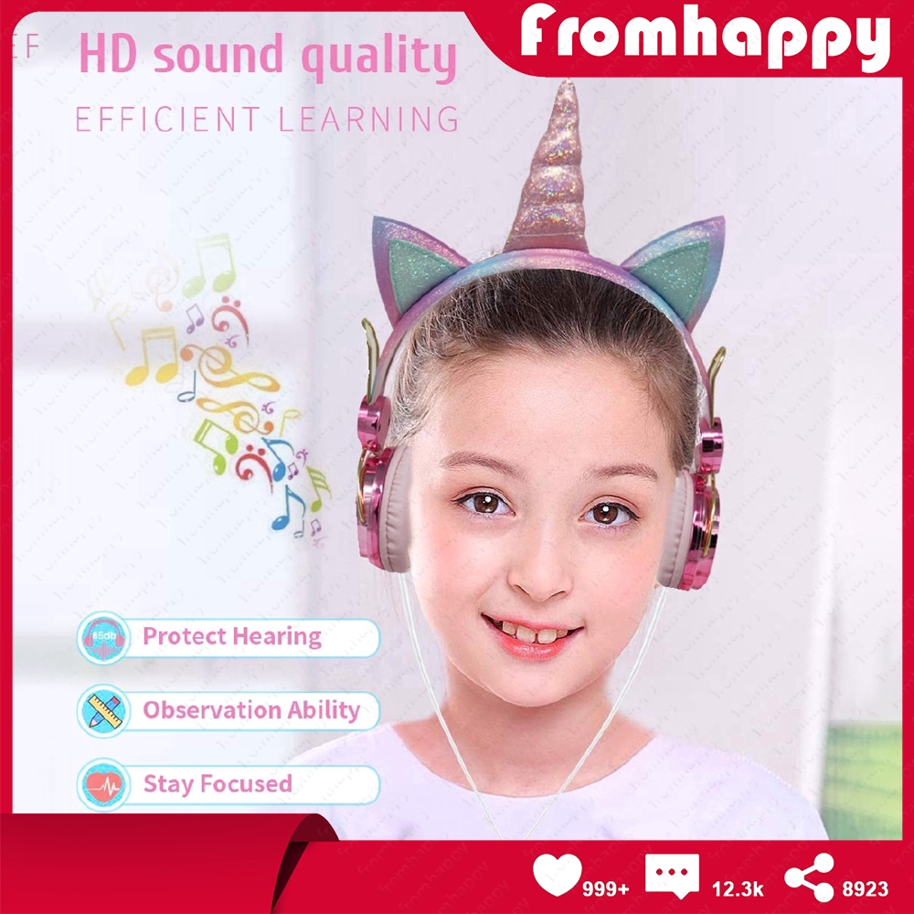 Tai nghe âm nhạc stereo kiểu mẫu Unicorn với cáp và micro cho bé gái Headphones