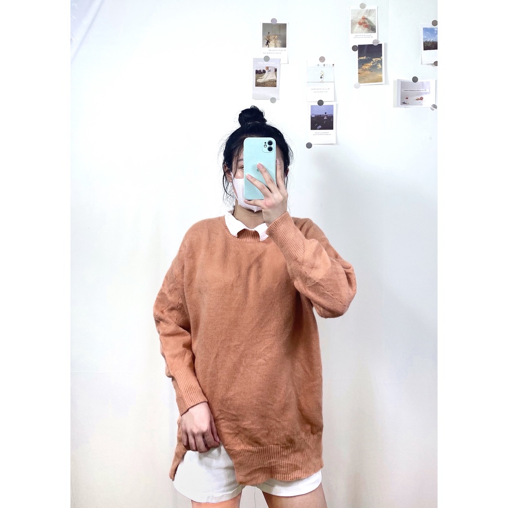 (2hand) AL32 Áo len dệt mịn màu cam sữa xẻ vạt năng động, siêu tôn da, dáng xinh