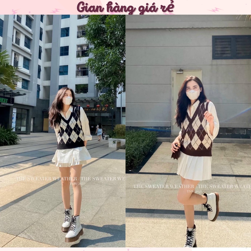 [Video] Áo Gile nữ Len Ulzzang Cổ V Kẻ Ô Quả Trám Phong Cách Hàn Quốc Áo gile len trám dày dặn 2 màu (nâu đỏ, đen)