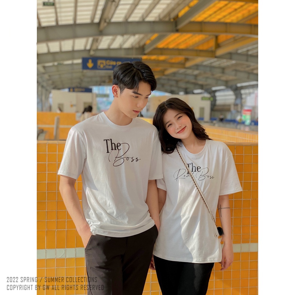 Áo Thun Đôi nam nữ tay lỡ The Boss, Real Boss áo cặp form rộng vải cotton