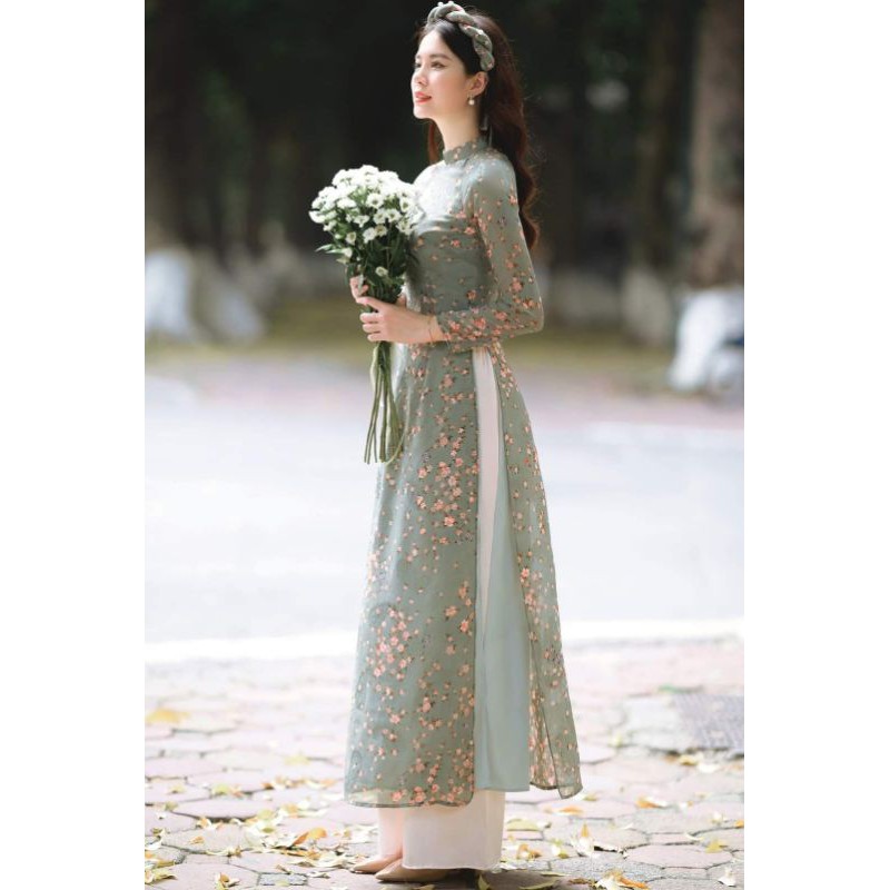 Áo dài 4 tà hoa nhí màu xinh