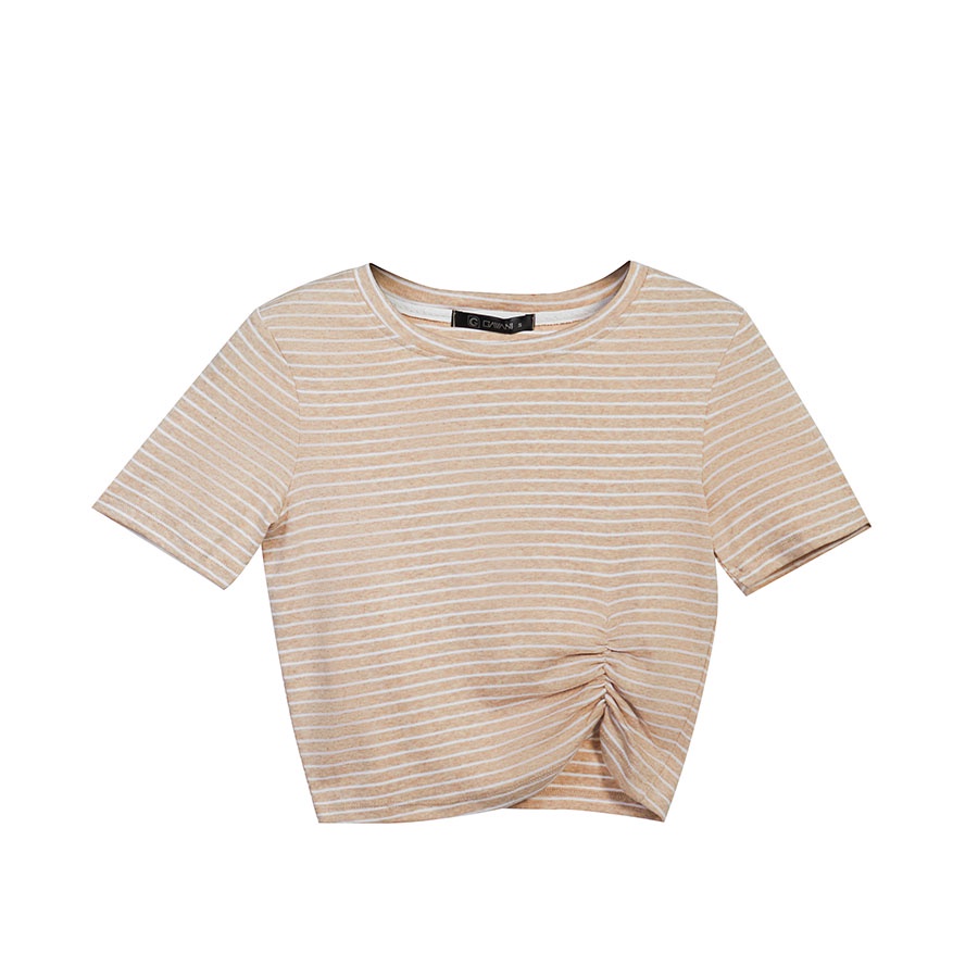 Áo thun nữ croptop cổ tròn ôm, tay ngắn và nhún thun lai áo_Gavani_STRIPE COLOUR 3