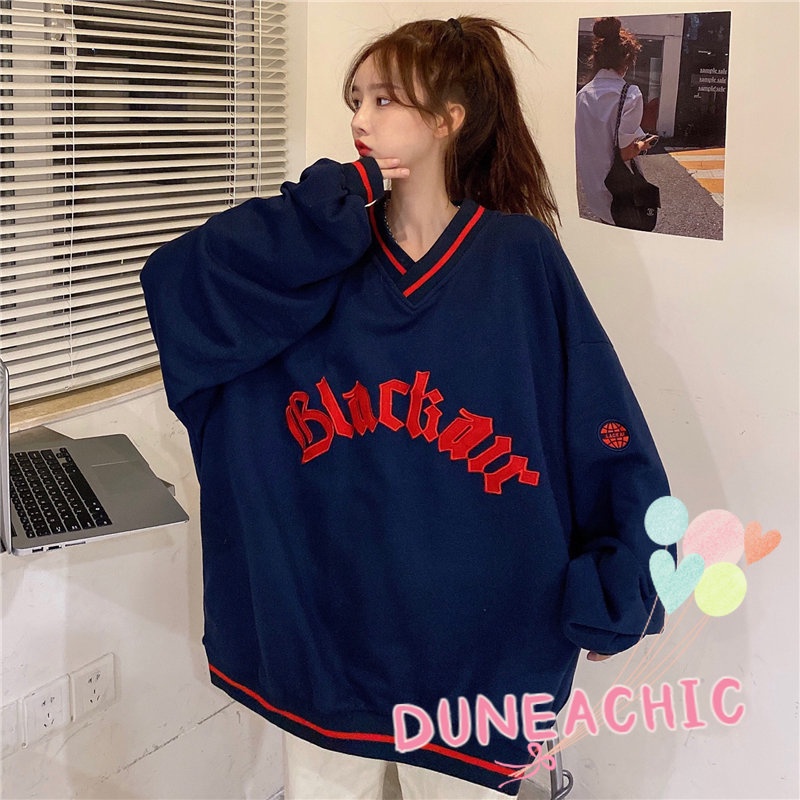 DUNEA Áo Nỉ Cổ Chữ V Thêu Chữ Quyến Rũ Trẻ Trung Cho Bạn Gái