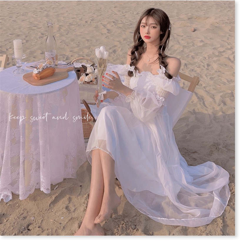 Váy nữ mùa hè màu trắng tinh khiết tay bồng hai lớp voan - Váy kỷ yếu, dự tiệc prom
