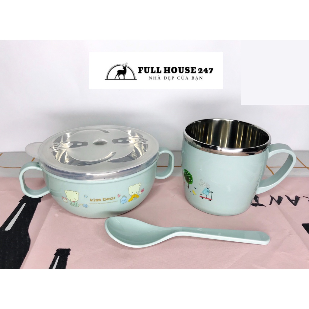 Set 3 chi tiết Bát và cốc chống nóng 2 lớp cho bé hàng inox 304 cao cấp có kèm thìa và nắp đậy cho bé ăn dặm