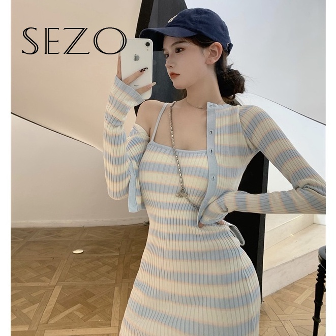 QKOOLE  Set Áo cardigan Chống Nắng + Chân Váy Dệt Kim Thời Trang Hàn Quốc Cho Nữ