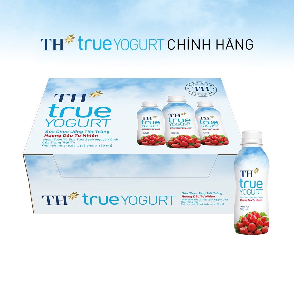 Thùng 48 chai sữa chua uống tiệt trùng hương dâu tự nhiên TH True Yogurt 180ml (180ml x 48)