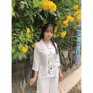 Đồ lam đi chùa mẫu lụa pháp thêu sen