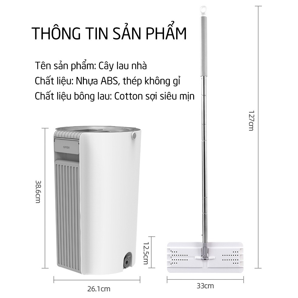 Cây lau nhà tự vắt thông minh cán dài  đầu xoay 360 độ thùng vắt 2 ngăn bông lau từ cotton lau sạch, thấm hút cao V125V