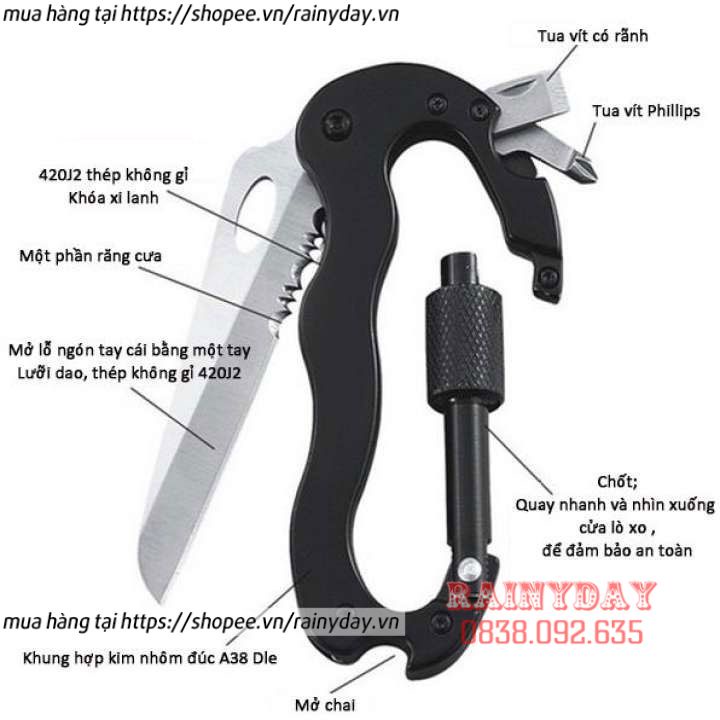 Móc khóa đa năng chữ D, móc carabiner xoay bằng nhôm đi phượt du lịch leo núi sinh tồn có dao