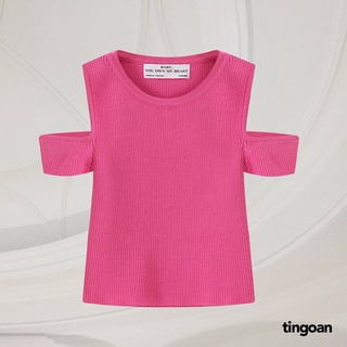 TINGOAN® - Áo len xù ngắn tay dáng lửng khoét vai hồng BE MINE TOP/PK