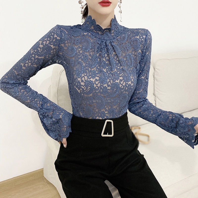 Áo thun cổ lọ tay loe phối ren dáng ôm thời trang mùa thu cho nữ