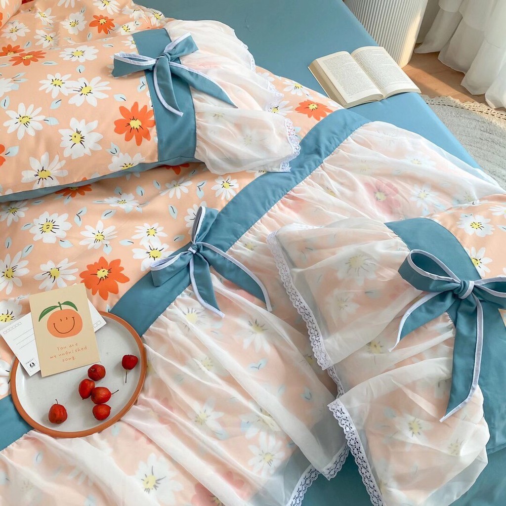 Bộ chăn ga gối cotton hoạt tính ren voan mẫu hoa cam