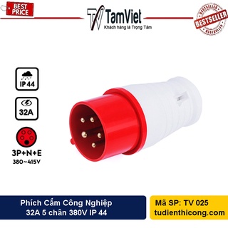Phích cắm công nghiệp 3 pha 32A 5 chấu IP44, chuôi cắm điện công nghiệp màu đỏ điện áp 380V Tâm Việt