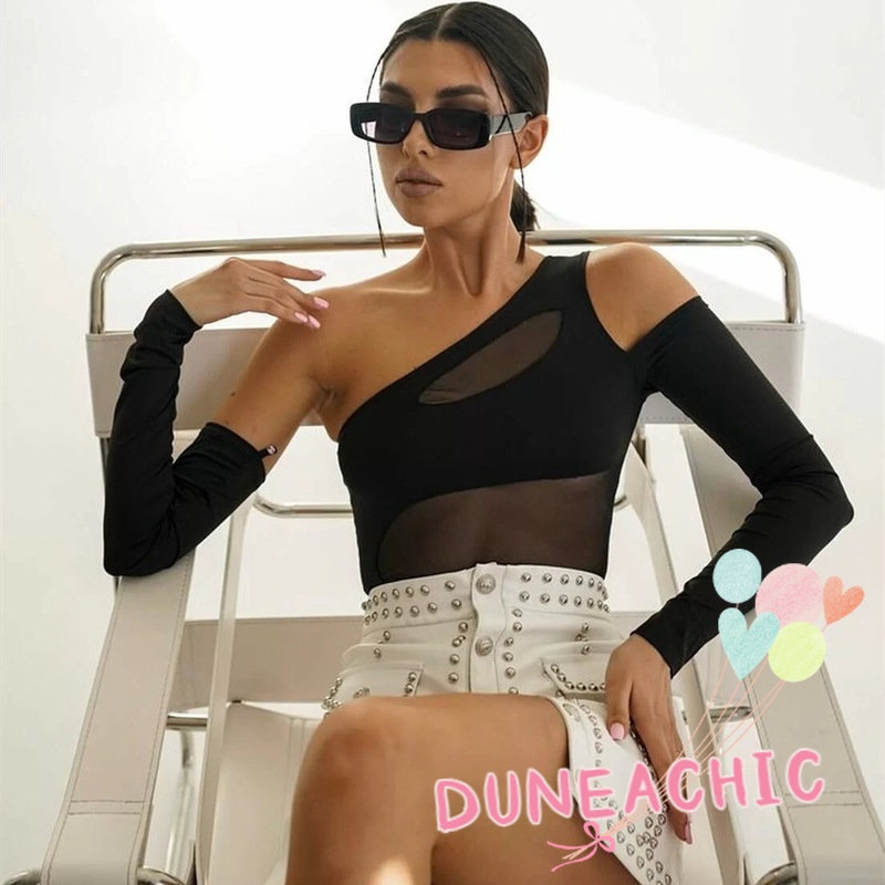 DUNEA Áo Liền Quần Tay Dài Dáng Ôm Phối Lưới Quyến Rũ Cho Nữ