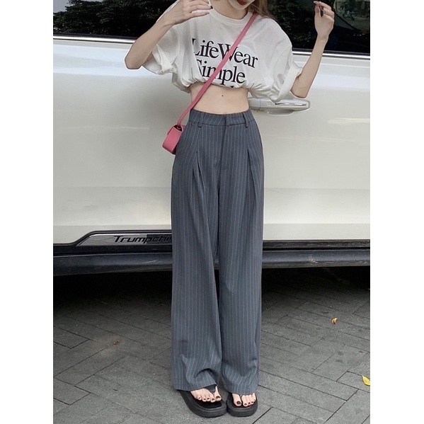 𝙅𝙖𝙙𝙚 𝙋𝙖𝙣𝙩-Quần tây nữ xám ghi kẻ sọc ống suông cạp cao hack dáng hot ulzzang cullote