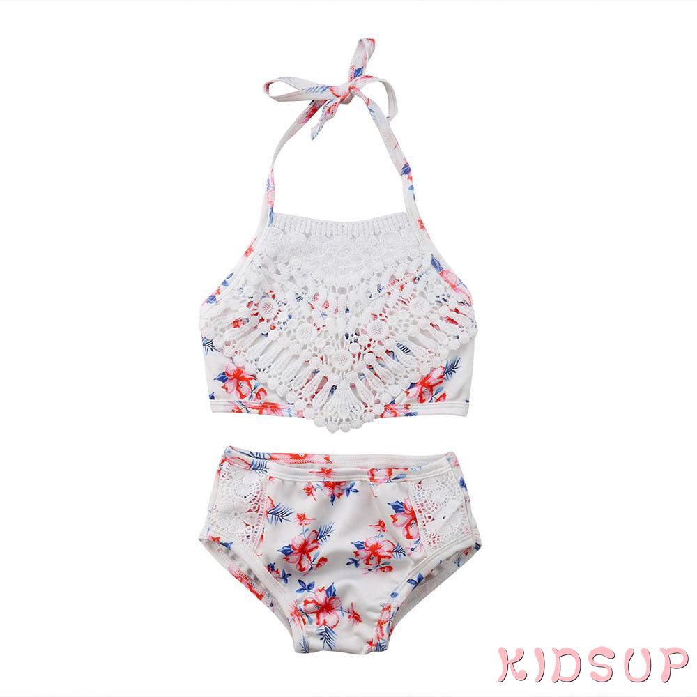 Bộ Đồ Bơi Bikini Phối Ren Hoa Dễ Thương Cho Bé Gái