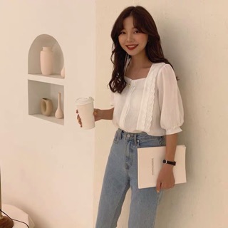 Áo cổ vuông viền ren ( có ảnh thật)