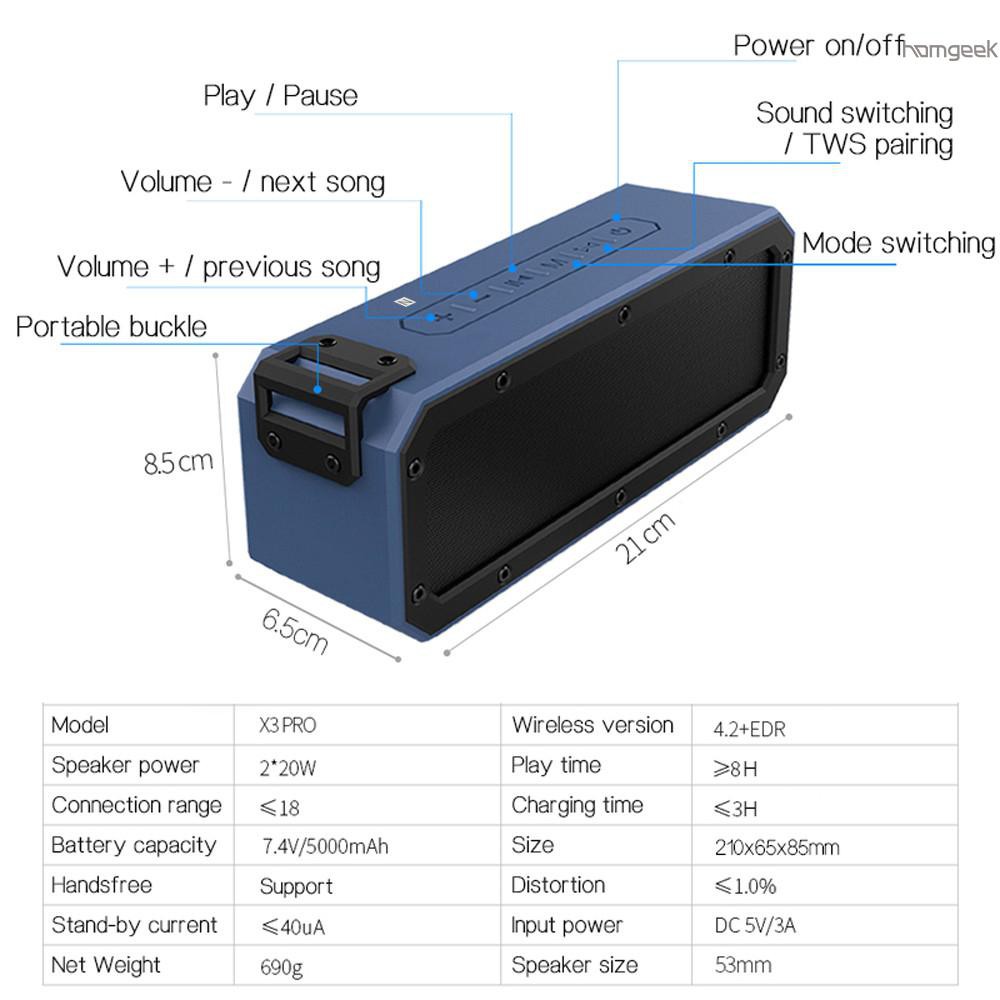 Loa Bluetooth 4.2 Không Thấm Nước Ip67 Tws Có Micro 40w Hỗ Trợ Thẻ Nhớ Tf