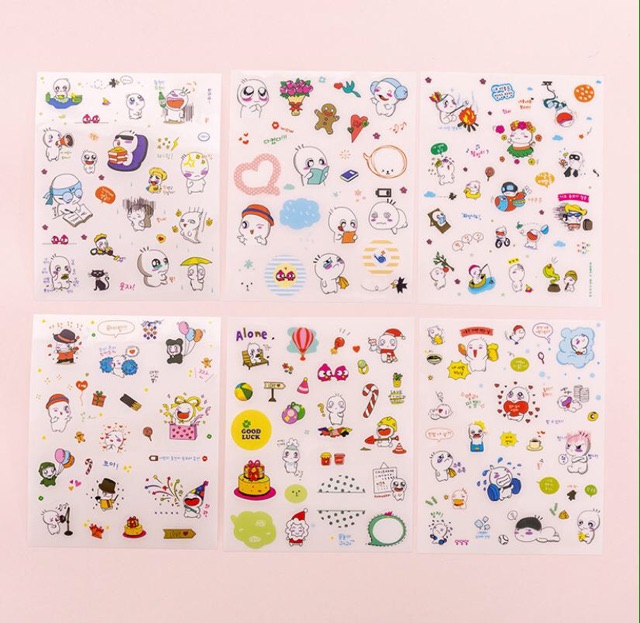 Combo 6 tấm Sticker Hoạt Hình đáng yêu - Hình dán trong suốt phong cách Hàn Quốc xinh - Nhãn dán nhiều mẫu cute giá rẻ