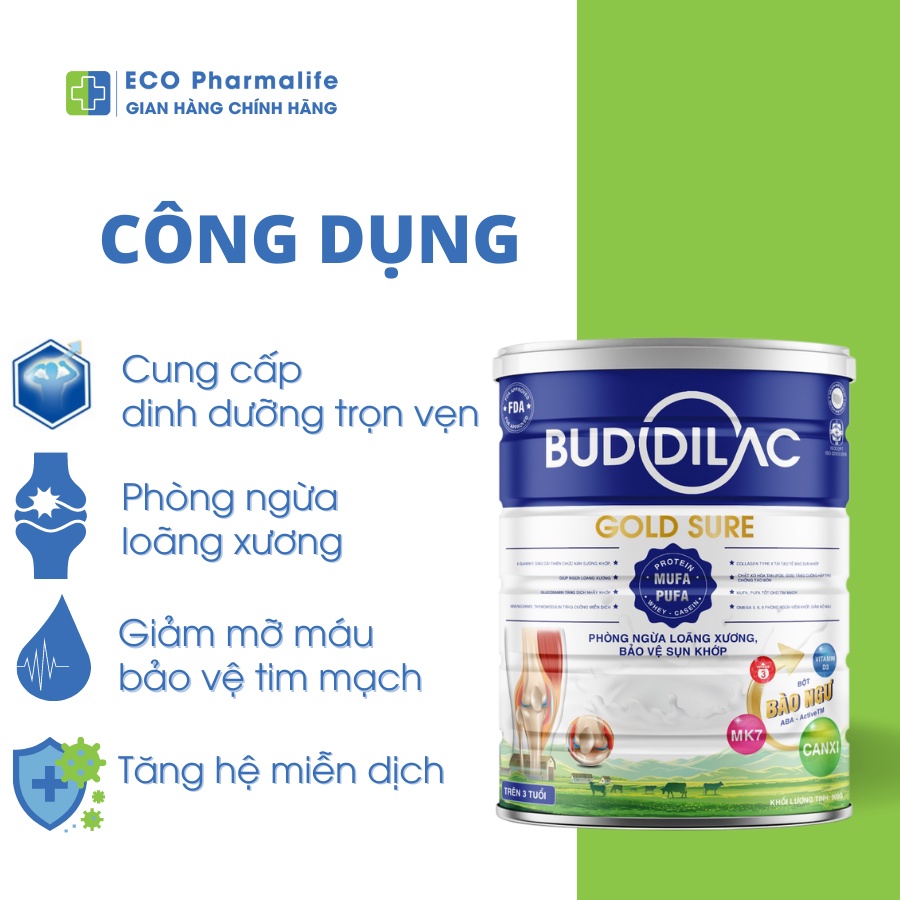 Sữa bột Buddilac Gold Sure hộp 900g cung cấp dinh dưỡng, cơ thể khỏe mạnh, phòng ngừa loãng xương khớp cho người lớn