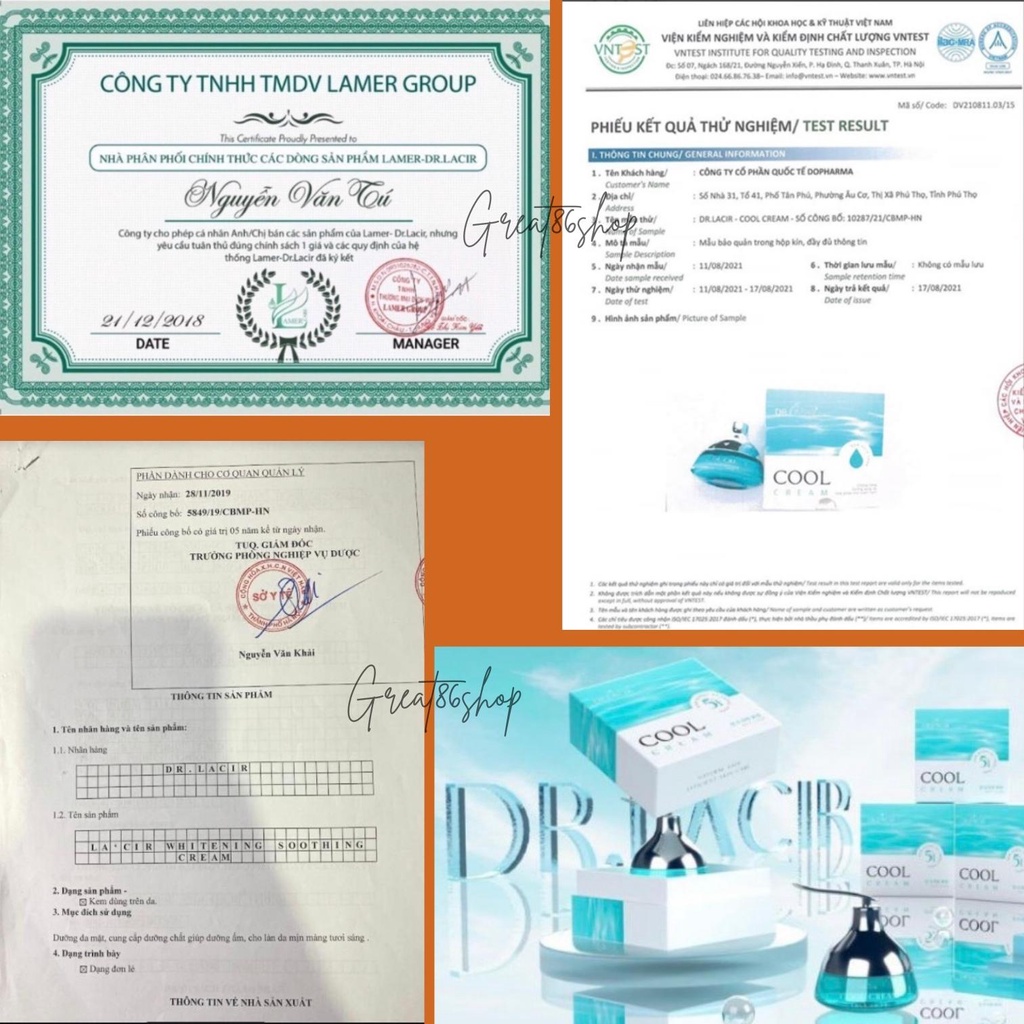 Kem dưỡng trắng da Dr Lacir Great86 kem chống nắng, che khuyết điểm Cool cream, chống lão hóa, kem ngày đêm Dr Lacir