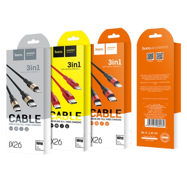 Cáp Hoco X26 - 3 đầu Lightning - Micro - USB type C 1M