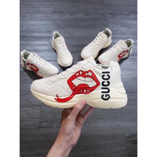 Giày Gucci Chunky Rhyton Lưỡi Môi màu xám vàng kem