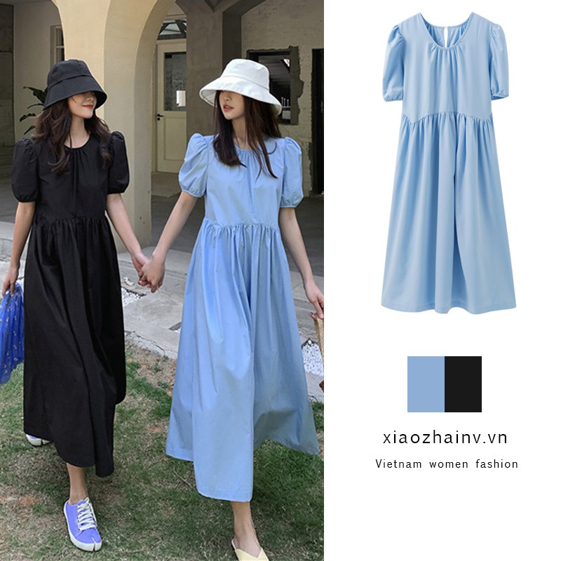 Xiaozhainv Đầm Tay Ngắn Màu Trơn Phong Cách Ulzzang Hàn Quốc 2 Màu Lựa Chọn