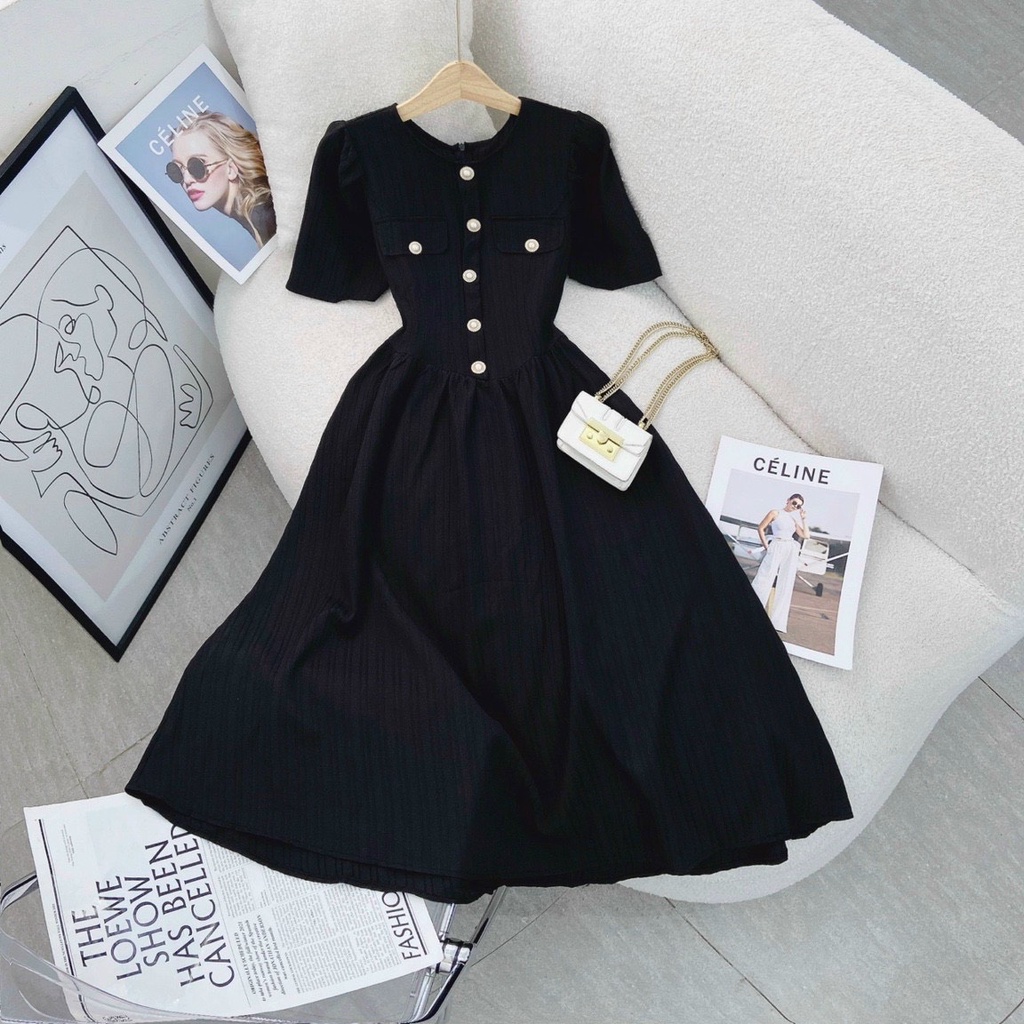 Đầm midi đen túi nắp thanh lich,cổ điển