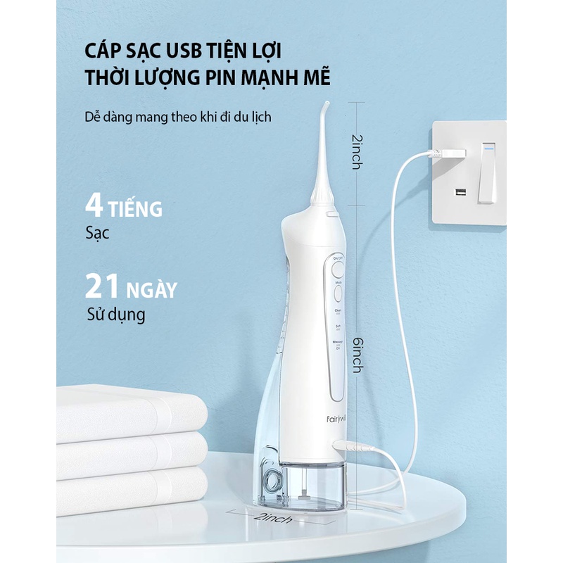 Máy tăm nước cầm tay FAIRYWILL FW-5020E Bản Màu Trắng Tặng 8 đầu thay thế Sạc bằng USB Hàng chính hãng có bảo hành