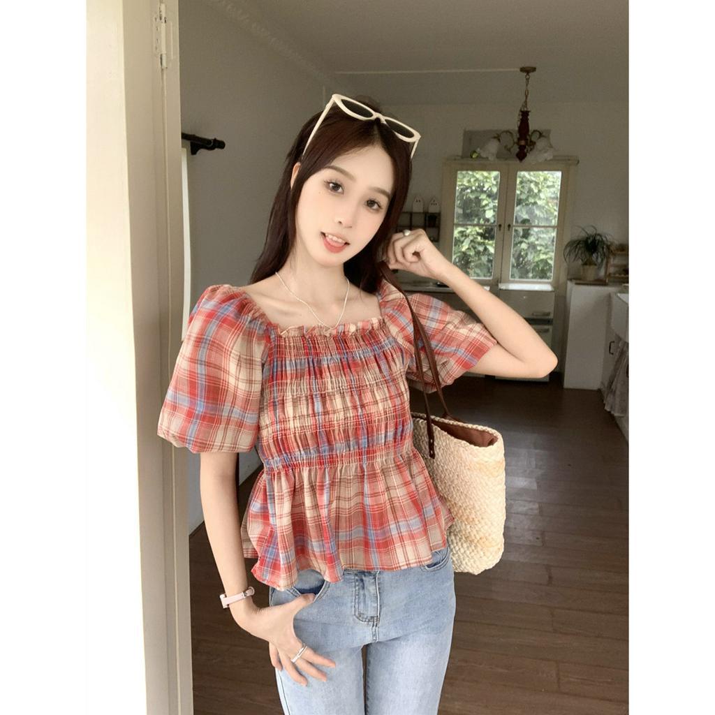 Áo Kiểu Tay Phồng Ngắn Cổ Vuông Họa Tiết Sọc Caro Phong Cách Hàn Quốc Thời Trang Mùa Hè Cho Nữ