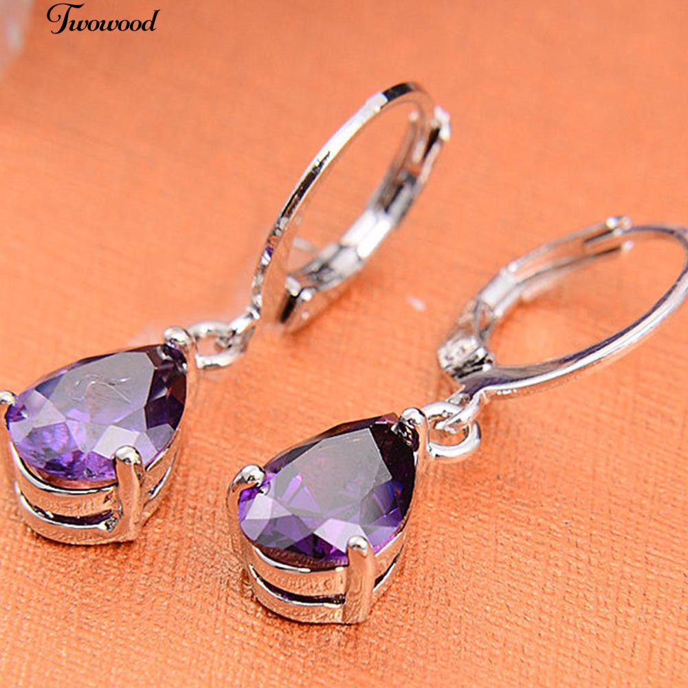 Bông Tai Đính Đá Tím Hình Giọt Nước Thời Trang