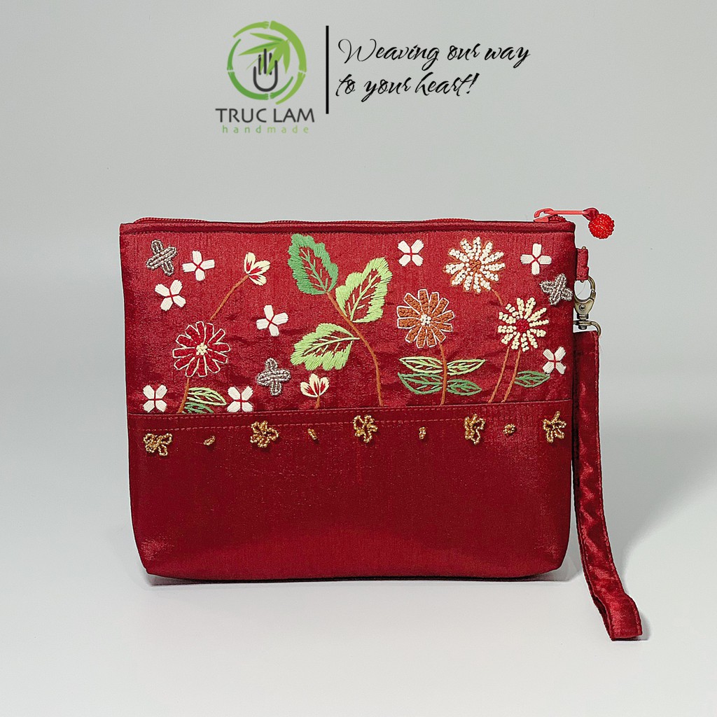 Ví Cầm Tay Đựng Ipad Clutch Vải Tafta Thêu Cành Hoa Hạt Cườm Thủ Công Cỡ Bé - Trúc Lâm Handmade