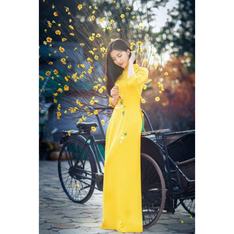 ÁO DÀI VÀNG THÊU TƯƠI SÁNG DA🍀MIỄN SHIP🍀KÈM ẢNH THẬT PHÍA SAU