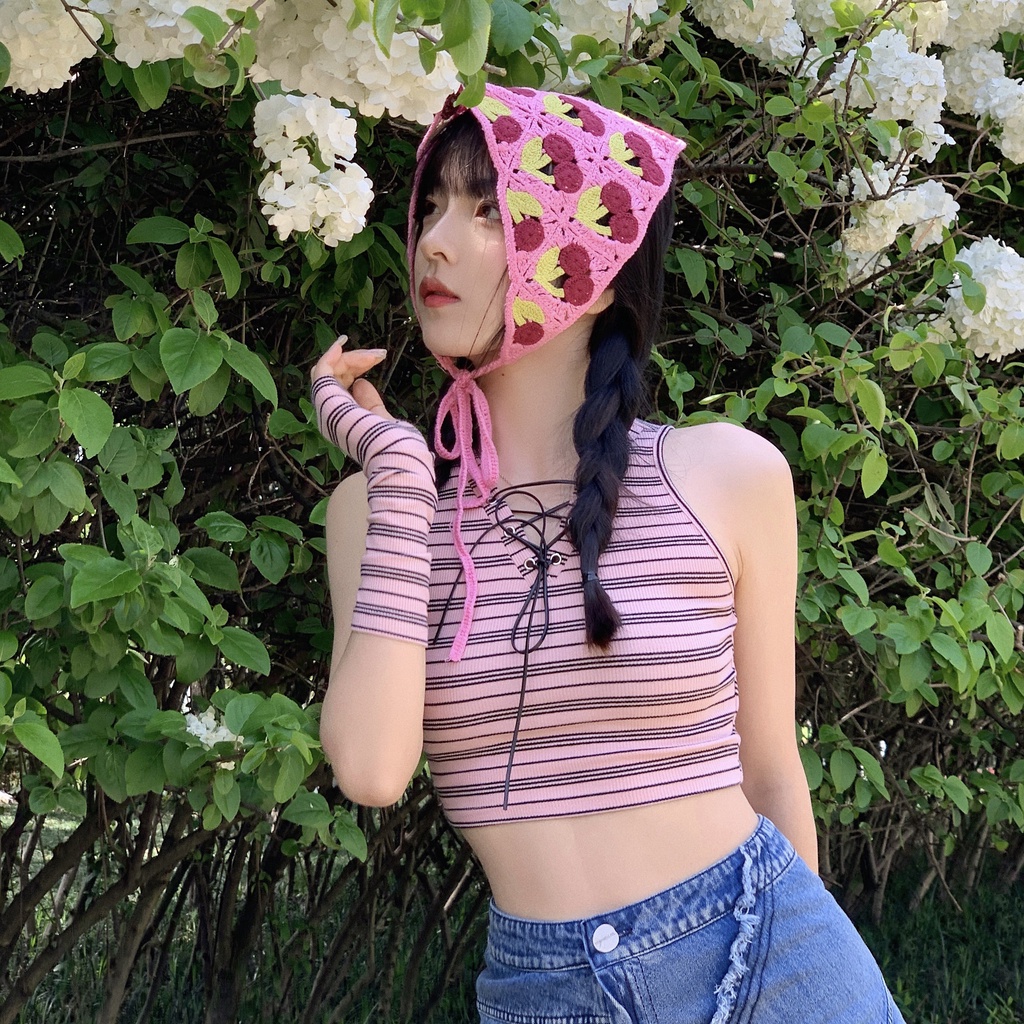 Khăn Choàng Cổ Dệt Kim Hình Quả Cherry Tam Giác Nhỏ Nhắn Phong Cách Mùa Hè Hàn Quốc Mới