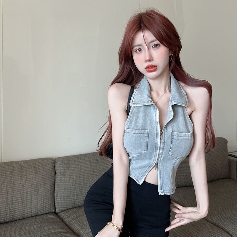 Áo Croptop Sát Nách Chất Liệu Denim Thời Trang Cho Nữ