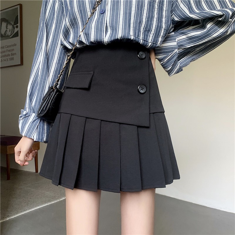 Đen Chân Váy Chữ A Lưng Cao Xếp Ly Lệch Tà Cá Tính Cho Nữ | BigBuy360 - bigbuy360.vn