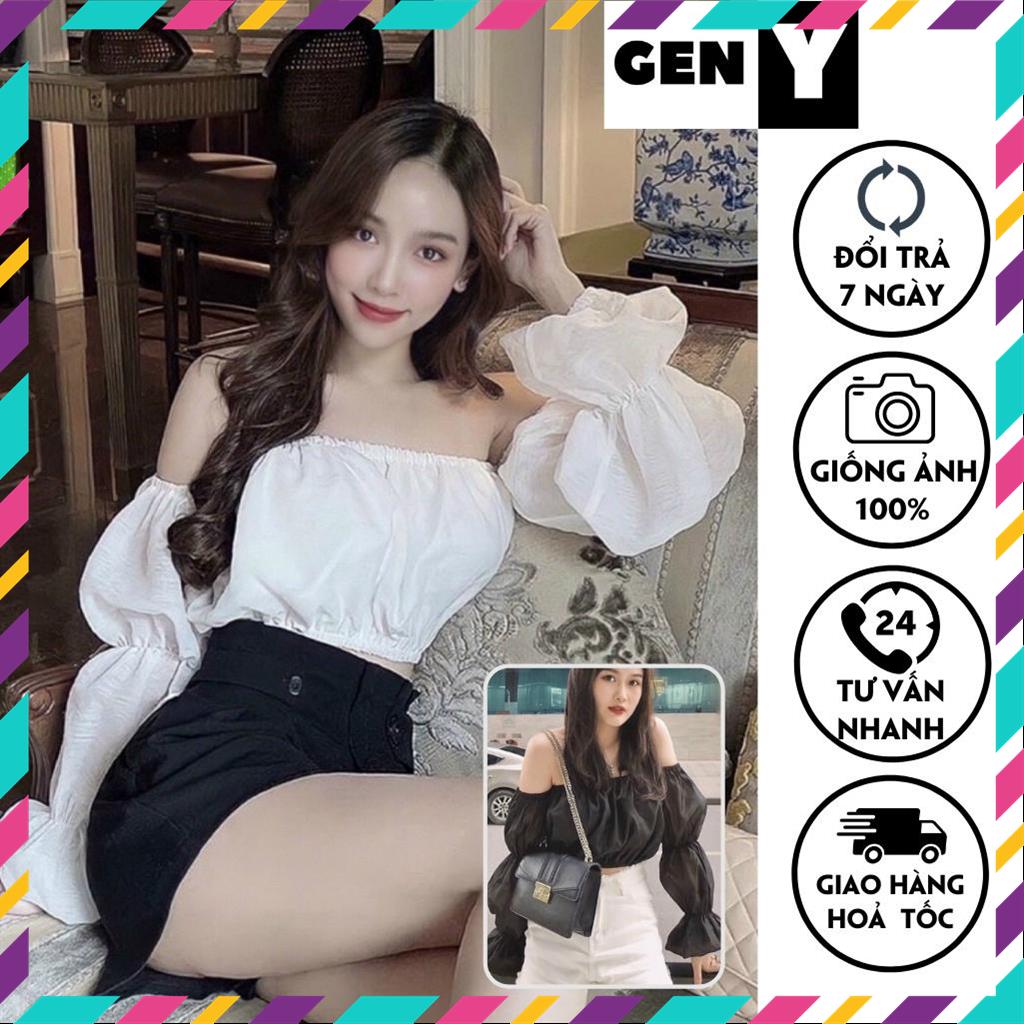 Áo trễ vai tay phồng geny_genz, áo kiểu nữ bẹt vai tay dài siêu xinh msp80436
