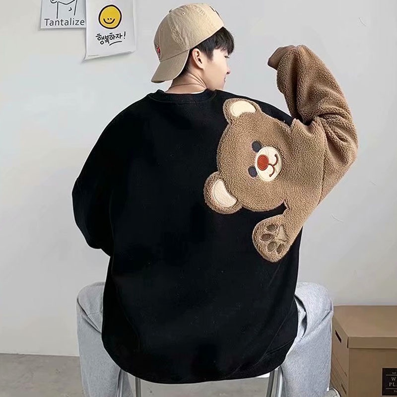 Áo Nỉ Cổ Tròn Dáng Rộng Thêu Hình Gấu Hoạt Hình Dễ Thương Phong Cách Hàn Quốc Cho Nam Và Nữ