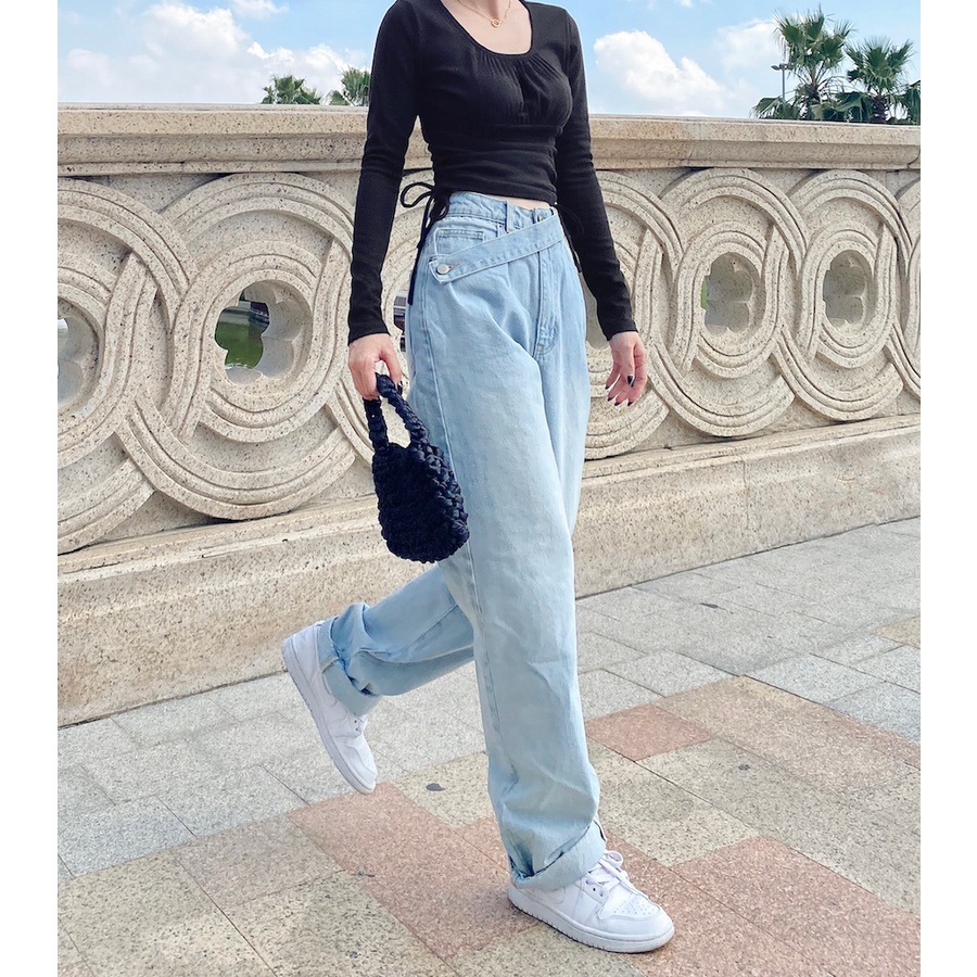 Quần jeans ống suông lưng cao đai chéo MIEU (Đậm/ Nhạt) - GO10