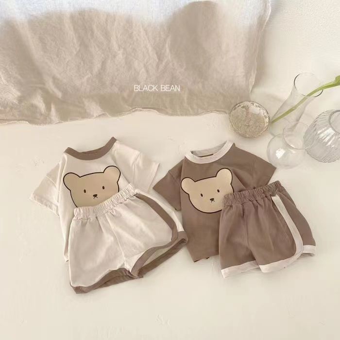 Bộ Áo Thun In Hoạt Hình Gấu + Quần Short Kiểu Hàn Quốc Thời Trang Mùa Hè Năng
