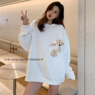 Áo sweater trơn dáng rộng đính chú gấu dễ thương phong cách Hàn Quốc cho nữ