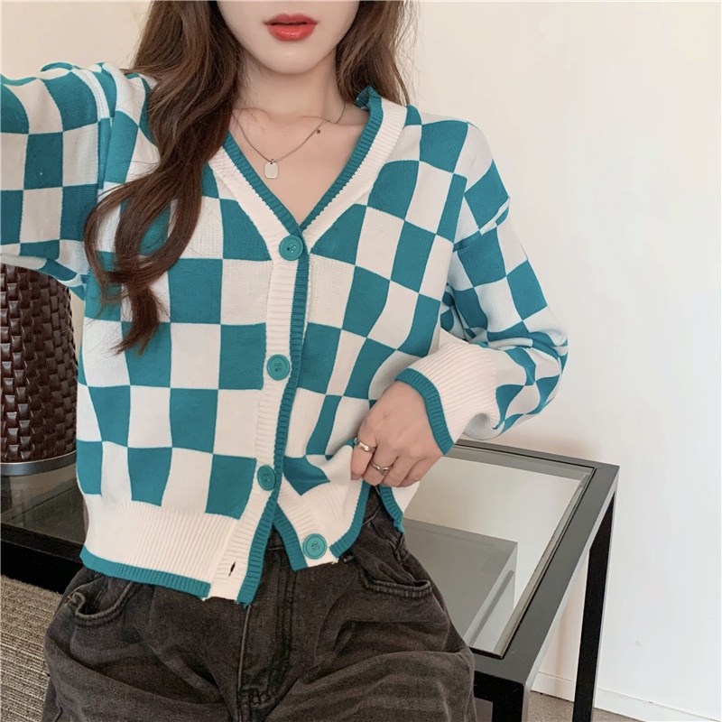 Áo Khoác cardigan Cổ Chữ V Dáng Rộng Họa Tiết Caro Thời Trang Thu Đông Phong Cách vintage Mới