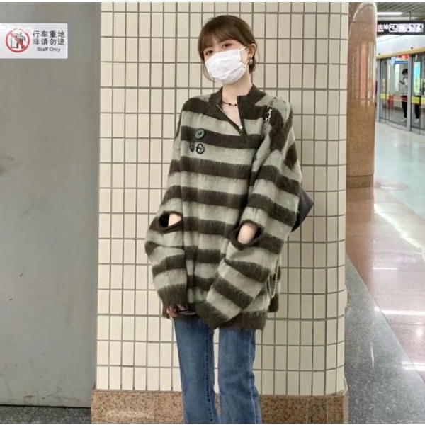 Áo Sweater Dệt Kim Kẻ Sọc Ngang Phong Cách Hàn Quốc Ngọt Ngào Cho Nữ
