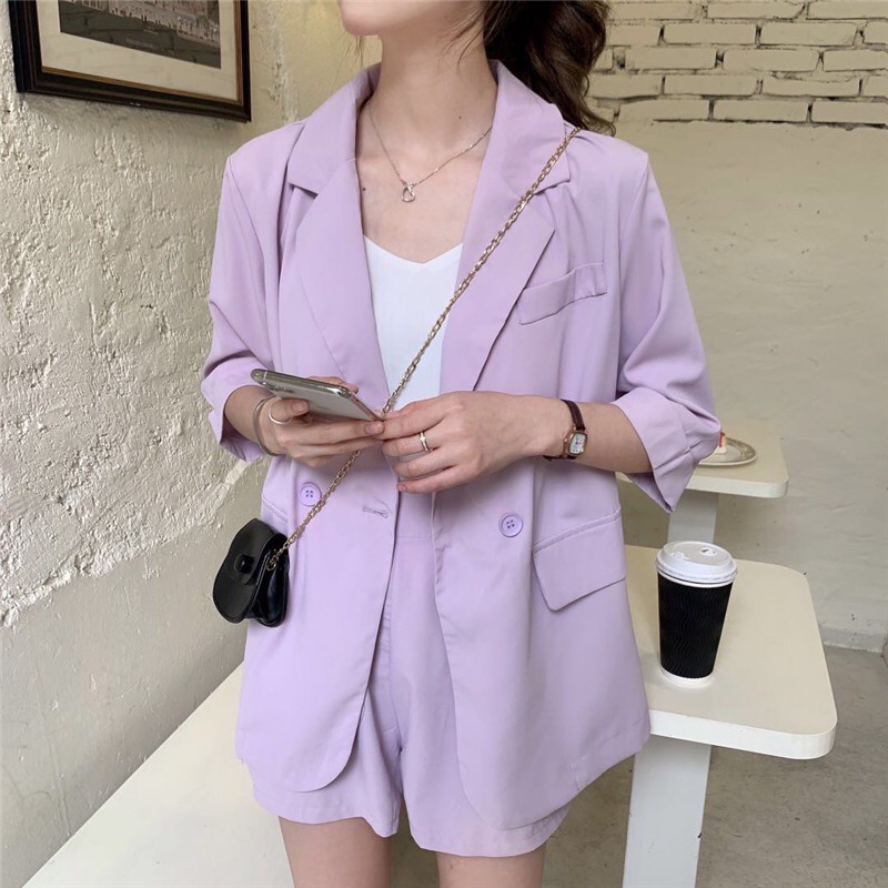 Set Đồ Nữ Bộ Áo Khoác Blazer Vest + Quần Short Ống Rộng Chống Nắng Phong Cách Hàn Quốc Cổ Điển Thời Trang Xuân Hè Cho Nữ