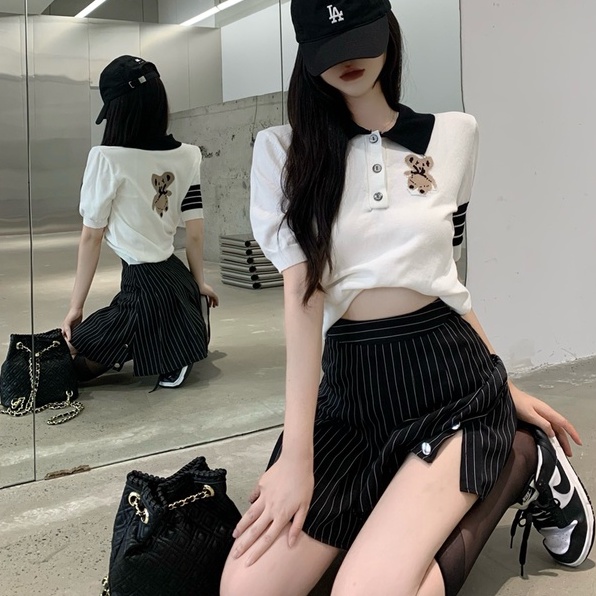 【Hana and Alice】Áo Thun POLO Dệt Kim Tay Ngắn Thêu Hình Gấu Dễ Thương