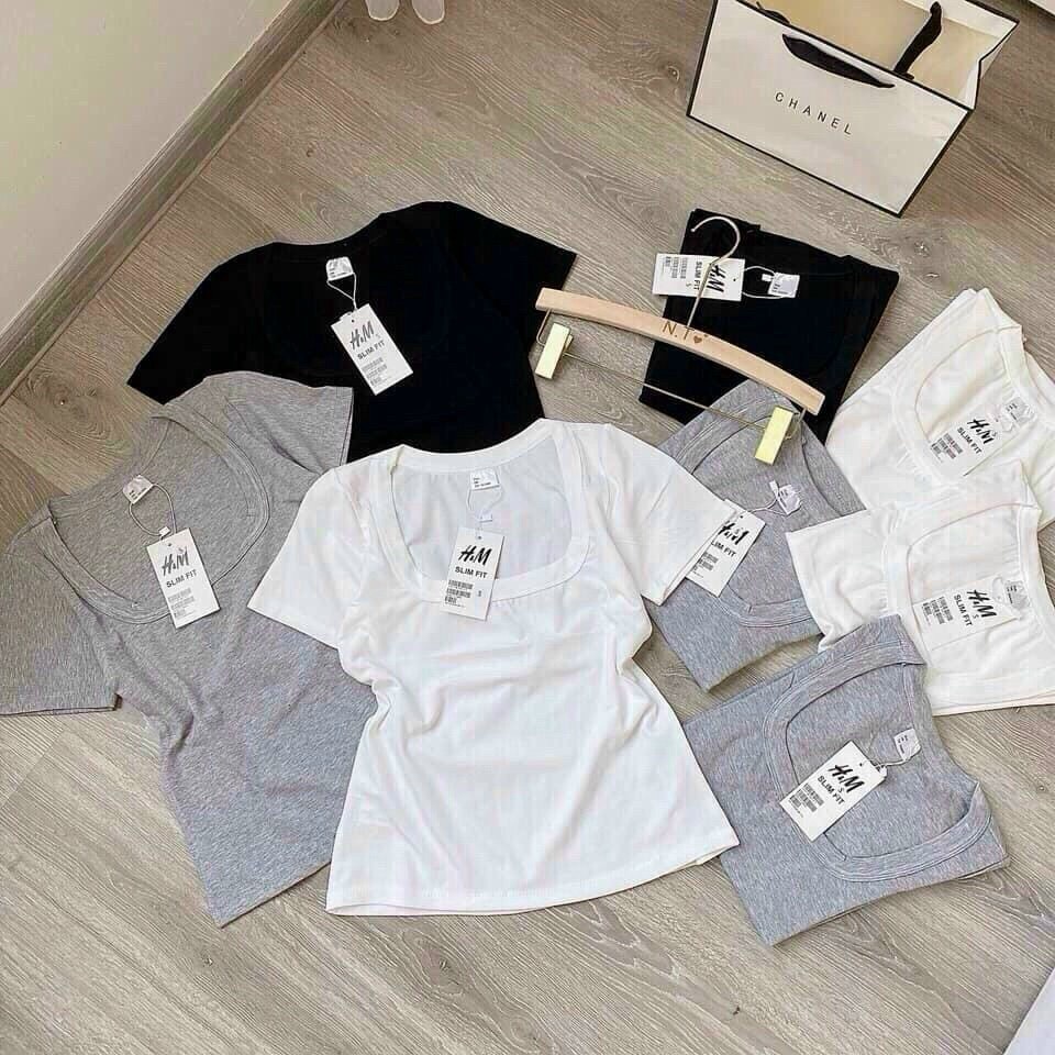Áo Thun Croptop Nữ Cổ Vuông Cotton Dày Mịn Cực Đẹp, Áo Thun Nữ Tay Cộc Croptop